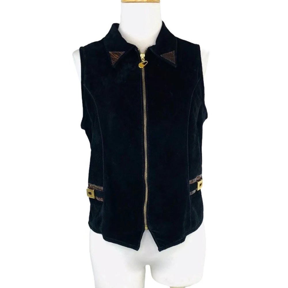 St. Maarten Dallas Suede  Biker Vest Croc Leather Trim Vintage  Full Zip M USA - Picture 8 of 8